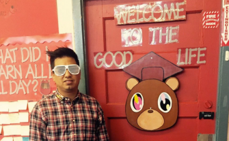 A teacher has a classroom decorated in the style of "Kanye West"